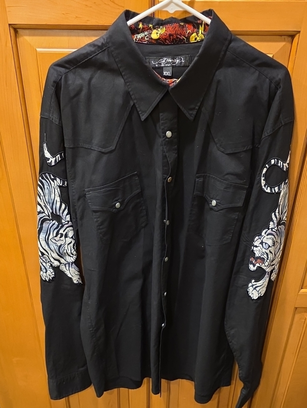 Ed Hardy Black Shirt Jacket with White Tiger Sleeve Embroidery